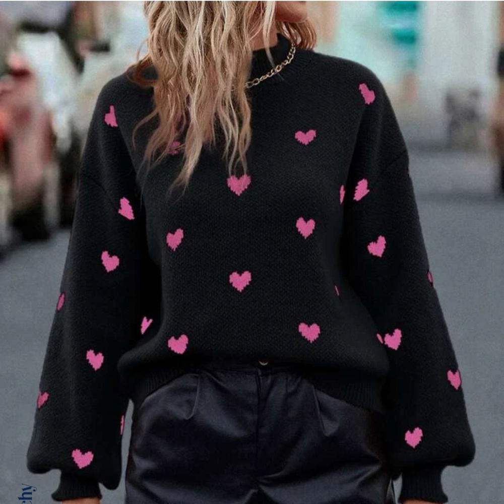 Heart patterns mock neck drop shoulder sweater